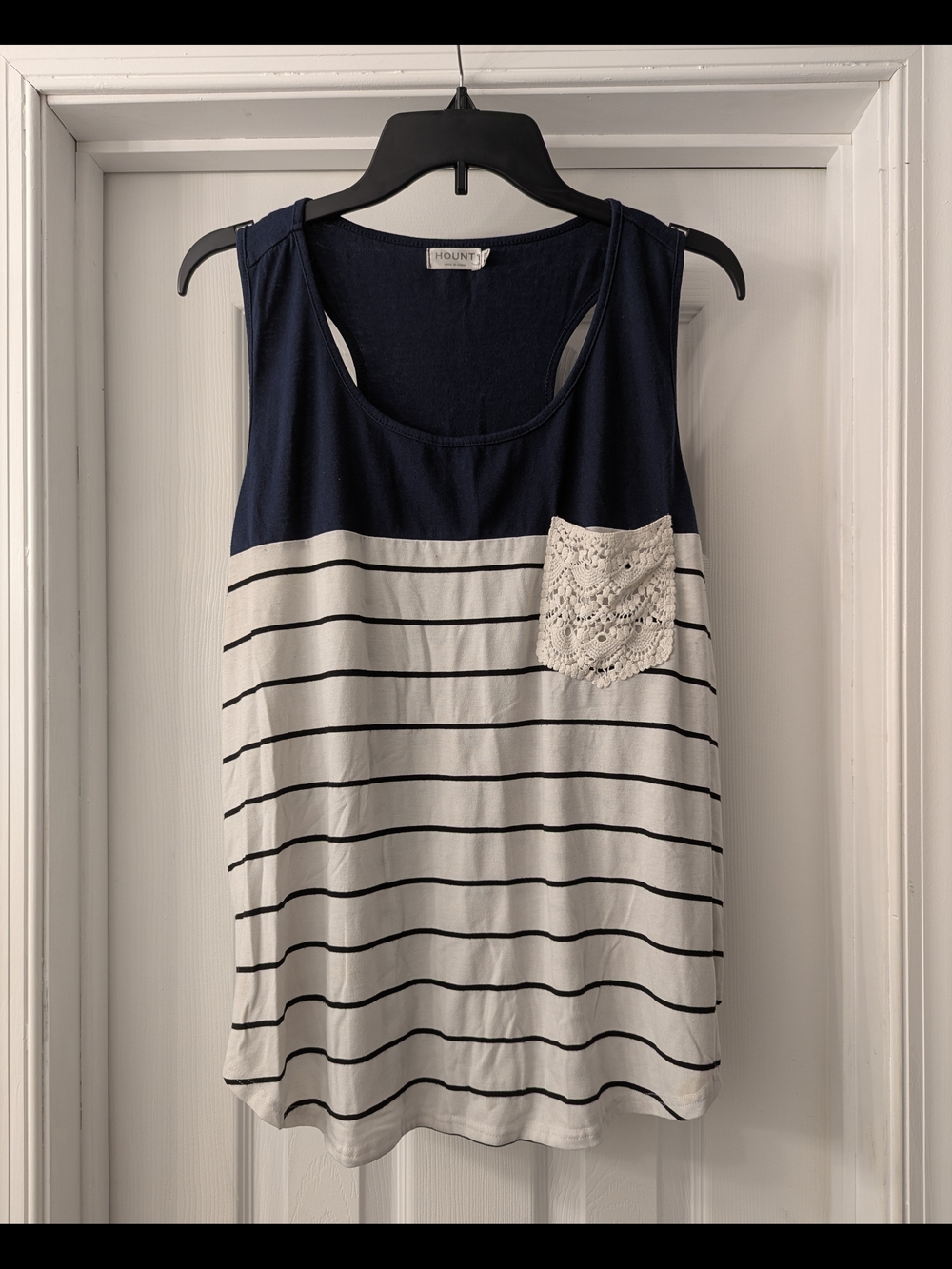 Hount Navy and White Striped Crochet Pocket Tank Top